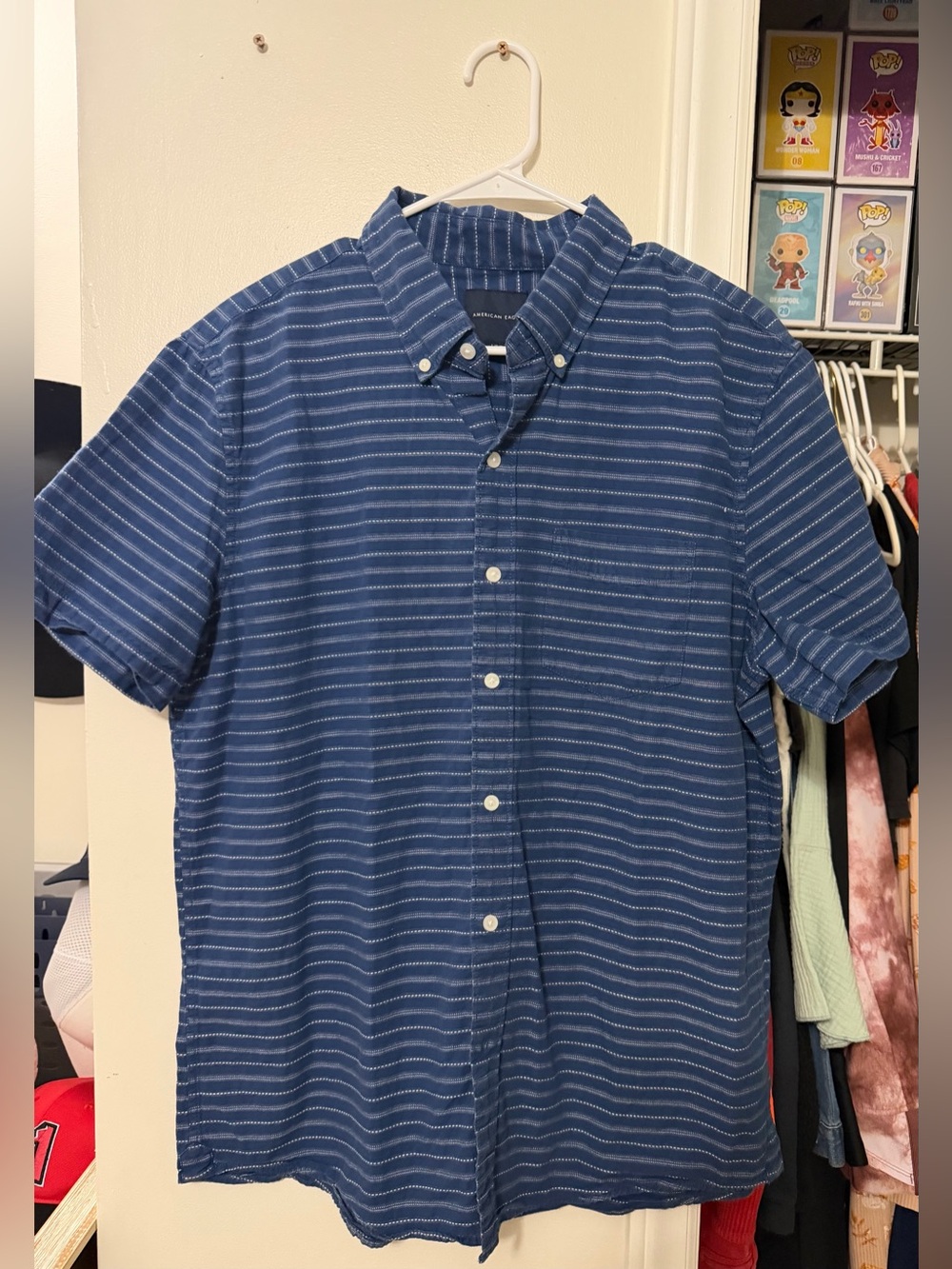 American Eagle Outfitters Blue Short-Sleeve Button-Down with Subtle Stripes